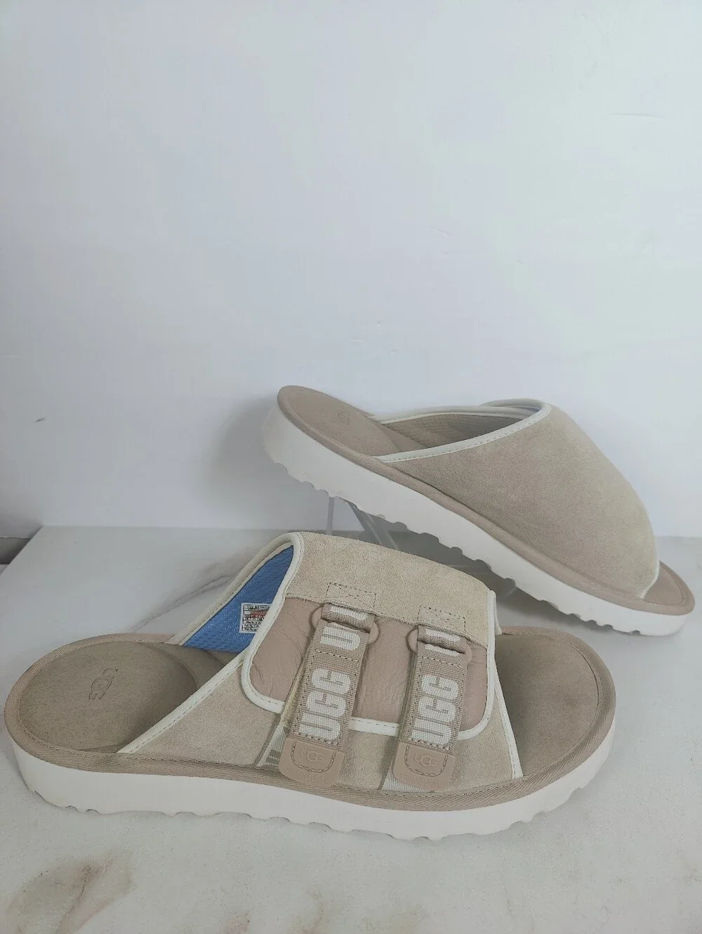 UGG Goldencoast Strap Slide Sand/Santorini Tan White Slip On Sandals Slides, 14
